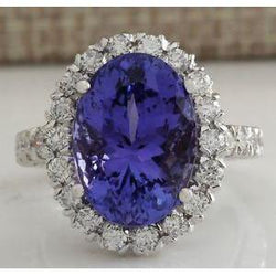 Grande Tanzanite E Diamanti 18 Carati Fede Nuziale Oro Bianco 14K