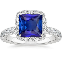 Halo Anello Di Fidanzamento Principessa Blu Zaffiro Con Accenti 6.50 Carati