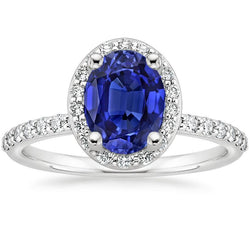 Halo Anello con zaffiro di Ceylon taglio ovale e diamanti rotondi 3.25 carati