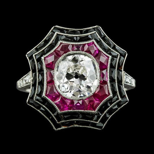 Halo Anello vecchio taglio Diamante Bezel Onice nero e zaffiri rosa 5 carati - harrychadent.it