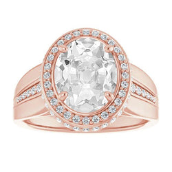 Halo Anniversary Ring Oval Old Mine Cut Diamante Prong Set 11 carati