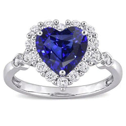 Halo Blue Sapphire Heart & Round Diamond Ring 4.50 carati in oro 14K