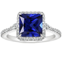 Halo Blue Sapphire Ring 6 carati taglio principessa con accenti di diamante
