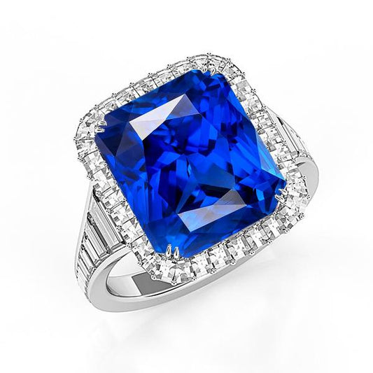 Halo Ceylon Sapphire Anello a Forma di Radiante 5 Carati Diamanti Baguette - harrychadent.it