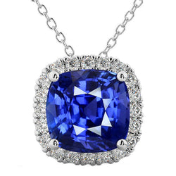 Halo Cushion Blue Sapphire & Diamond Pendant Jewelry 10,75 carati