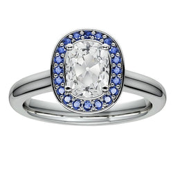 Halo Cushion Old Mine Cut Diamante Blue Sapphire Ring 5,50 carati