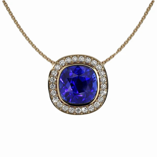 Halo Cushion Sapphire Pendant & Round Diamond Bezel Set 4,50 carati - harrychadent.it