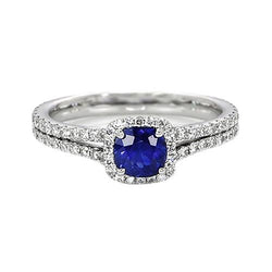 Halo Cushion Set di anelli di fidanzamento con zaffiro di Ceylon e diamanti. 3.20 carati