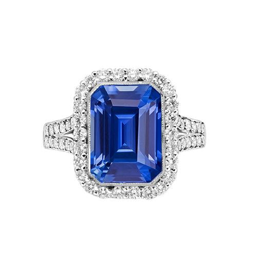 Halo Diamond Bezel Set Anello di fidanzamento con zaffiro blu smeraldo 4 carati - harrychadent.it