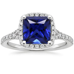 Halo Diamond & Blue Sapphire Ring con accenti V Split Shank 6 carati