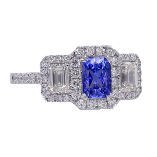 Halo Diamond Ring Deep Blue Sapphire Emerald & Round Accenti 3 Carati - harrychadent.it