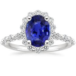 Halo Diamond Ring Flower Style Sri Lankan Zaffiro 4 Carati