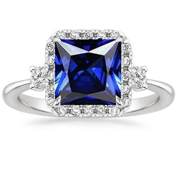 Halo Diamond Ring Princess Blue Sapphire Center 6 carati oro bianco