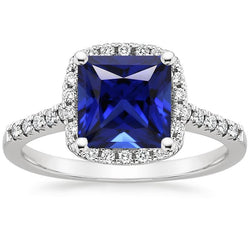 Halo Diamond Ring Princess Blue Zaffiro con accenti Oro 6 carati 14K