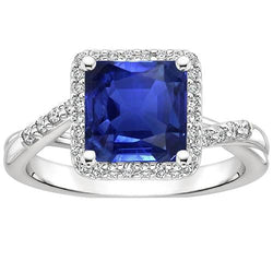 Halo Diamond Ring Square Shape Ceylon Blue Sapphire Center 4 Carati