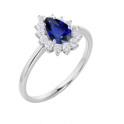 Halo Diamond Ring Star Style Pear Sapphire of Sri Lanka 2,25 carati con oro bianco 14 carati