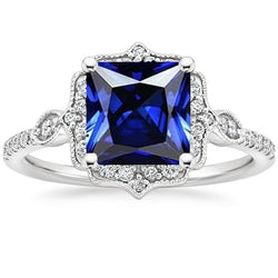 Halo Diamond Ring Vintage Style Ceylon Sapphire Princess Cut 6 Carati