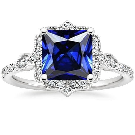 Halo Diamond Ring Vintage Style Ceylon Sapphire Princess Cut 6 Carati - harrychadent.it