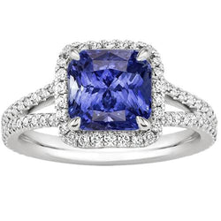 Halo Diamond Srilankan Sapphire Anello di fidanzamento con gambo diviso 4 carati