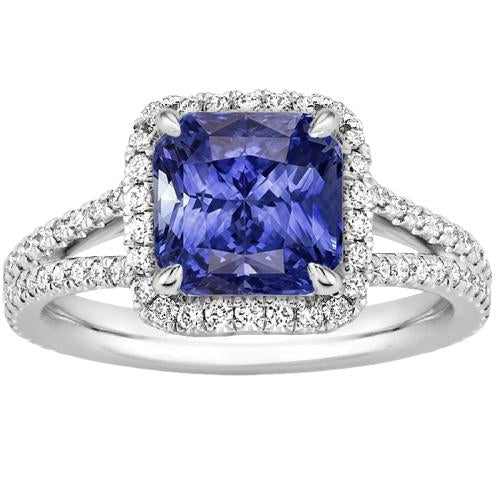 Halo Diamond Srilankan Sapphire Anello di fidanzamento con gambo diviso 4 carati - harrychadent.it