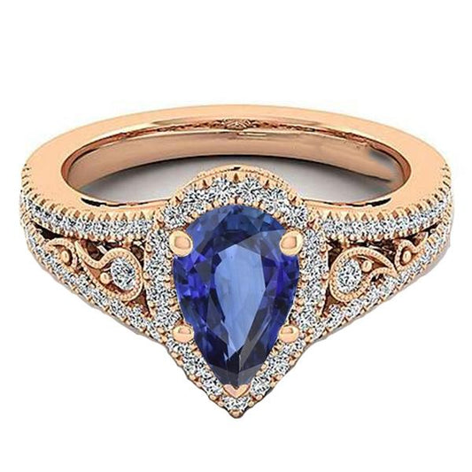 Halo Gemstone Wedding Ring Pera Zaffiro dello Sri Lanka e Diamante 5 Carati - harrychadent.it