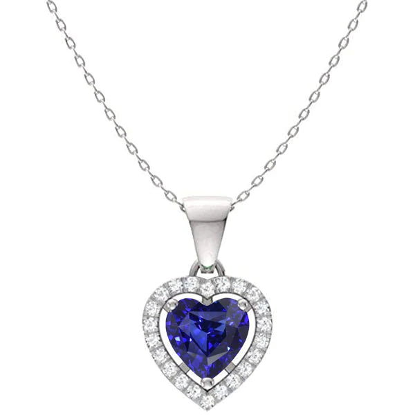 Halo Heart Blue Sapphire & Round Diamond Pendant 2 Carati 14K Gold - harrychadent.it
