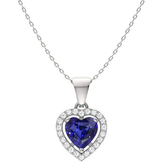 Halo Heart Blue Sapphire & Round Diamond Pendant 2 Carati 14K Gold - harrychadent.it