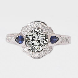Halo Lady's Ring Il giro vecchio taglio Diamante & Pera Blue Zaffiri 3 Carati