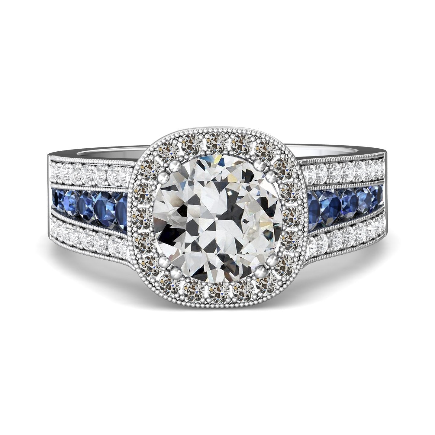 Halo Old Mine Cut Diamante & Blue Sapphires Ring Prong Set 6,50 carati - harrychadent.it