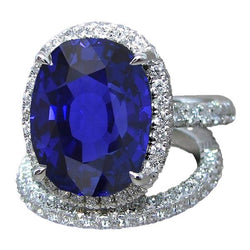 Halo Oval Ceylon Sapphire Fede nuziale Set 7 carati con fascia di diamanti