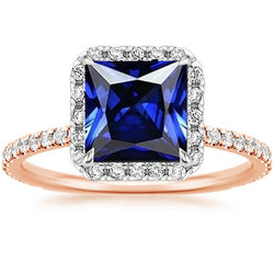 Halo Princess Sapphire Ring Two Tone Pave Diamond Accenti 6.25 carati