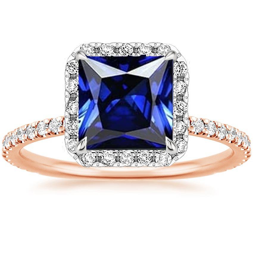 Halo Princess Sapphire Ring Two Tone Pave Diamond Accenti 6.25 carati - harrychadent.it