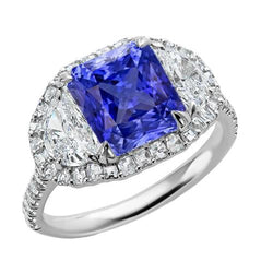 Halo Ring Cushion Zaffiro con mezza luna e diamante rotondo 4.50 carati