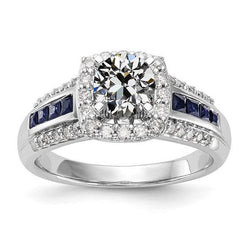 Halo Ring Old Mine Cut Diamante & Princess Blue Sapphires 3,75 carati