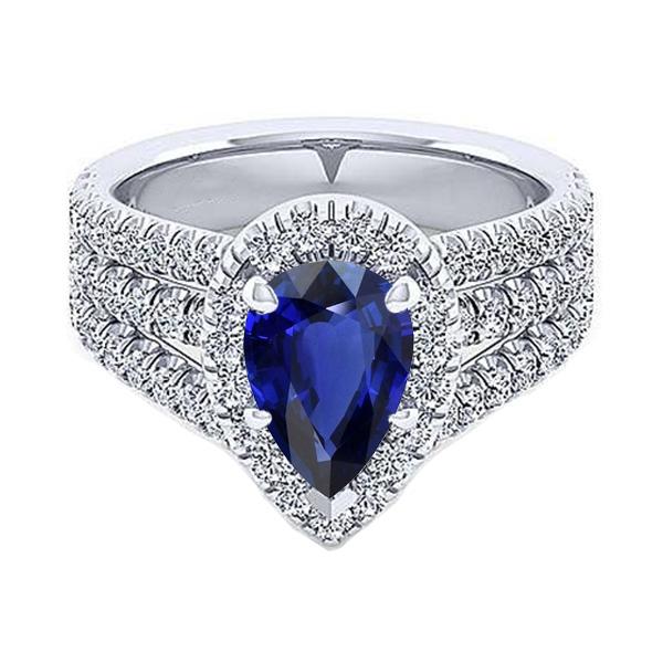 Halo Ring Prong Set Pera Zaffiro Blu & Diamante Triplo Gambo 5 Carati - harrychadent.it