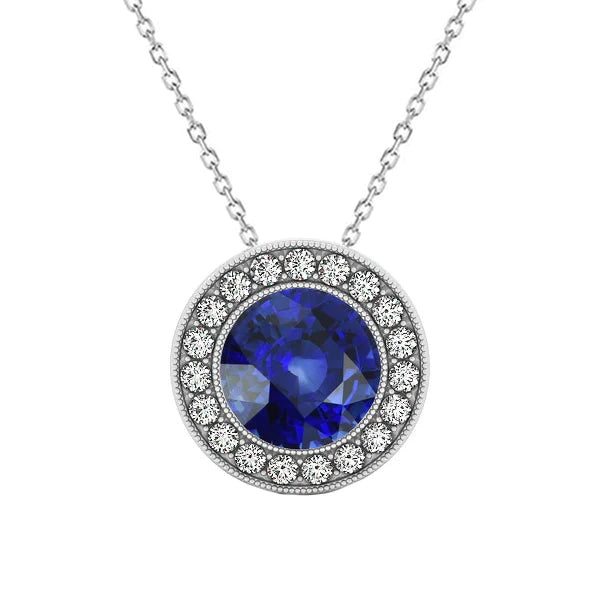 Halo Round Ceylon Sapphire & Diamond Lunetta Pendente Set 3,75 Carati - harrychadent.it