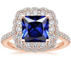 Halo Round Diamond Ring Flower Style Princess Blue Sapphire 7 carati
