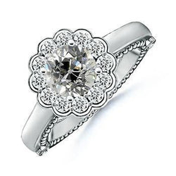 Halo Round Diamond Ring Old Mine Cut 2 Carati Flower Style Milgrain