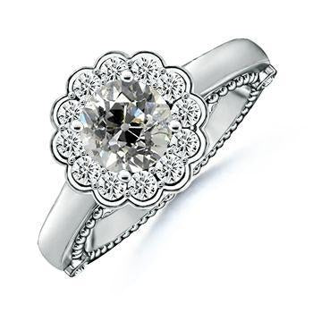 Halo Round Diamond Ring Old Mine Cut 2 Carati Flower Style Milgrain - harrychadent.it