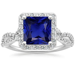 Halo Sapphire Diamond Ring Princess Cut Twisted Shank Gold 6.25 carati