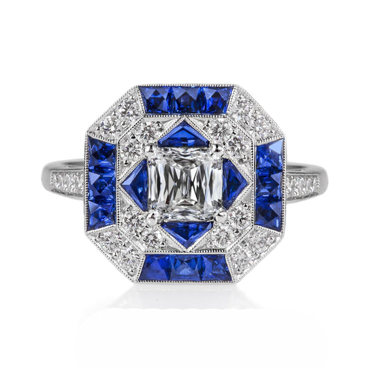 Halo Sapphire Miligrain Anello trapezoidale e diamante Princess 4,50 carati
