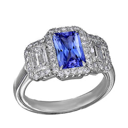 Halo anello di fidanzamento con zaffiro blu 4.50 carati smeraldo e diamante rotondo