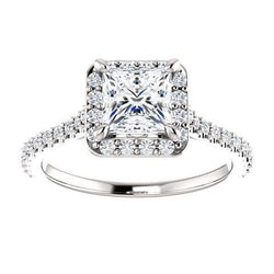 Halo anello di nozze accenti 1,50 carati Princess Diamond Solitaire con 14K di oro bianco