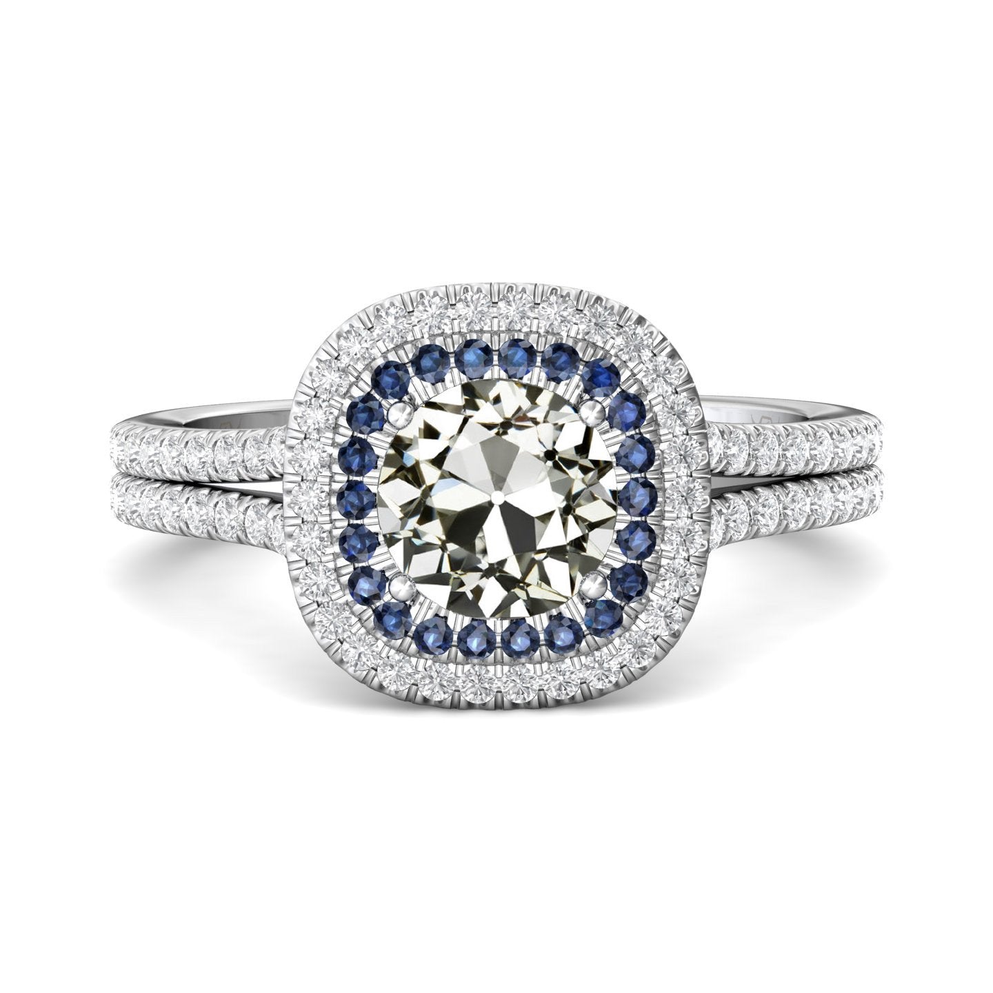Halo, anello nuziale rotondo con diamanti a taglio antico e zaffiro di Ceylon, 6 carati - harrychadent.it