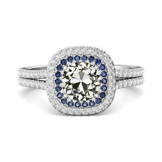 Halo, anello nuziale rotondo con diamanti a taglio antico e zaffiro di Ceylon, 6 carati - harrychadent.it