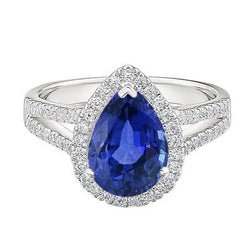 Halo diamante anello di fidanzamento pera zaffiro ceylon gambo diviso 4 carati