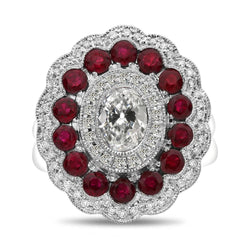 Halo ovale anello di fidanzamento con diamanti e rubini taglio vecchia miniera 12 carati