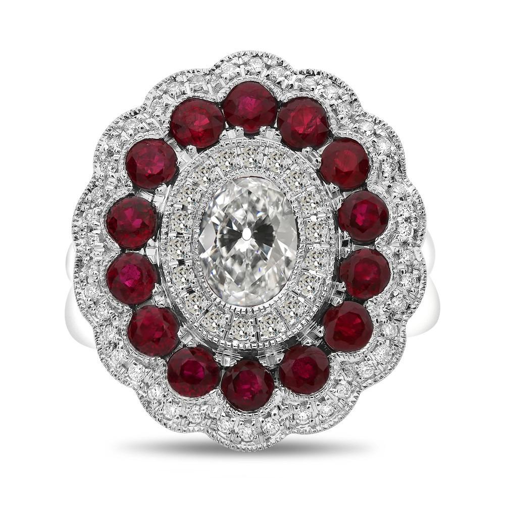 Halo ovale anello di fidanzamento con diamanti e rubini taglio vecchia miniera 12 carati - harrychadent.it