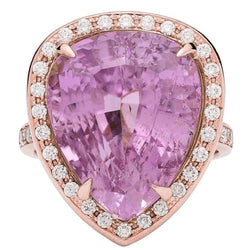 Kunzite a taglio pera da 31 carati con anello di diamanti in oro rosa 14 carati Nuovo