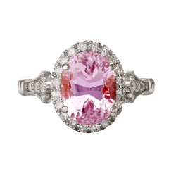 Kunzite rosa a taglio ovale con anello rotondo con diamante 11.50 carati WG 14K